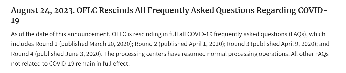DOL OFLC released another set of FAQs regarding its operations during the COVID-19 pandemic.