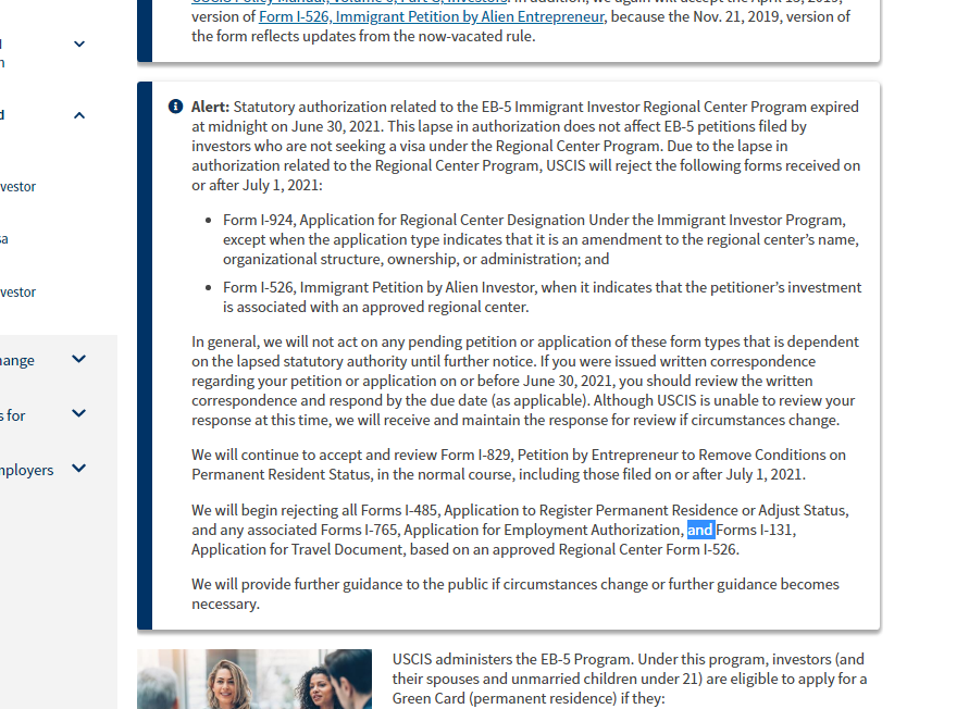Screenshot of EB-5 Program Alert
