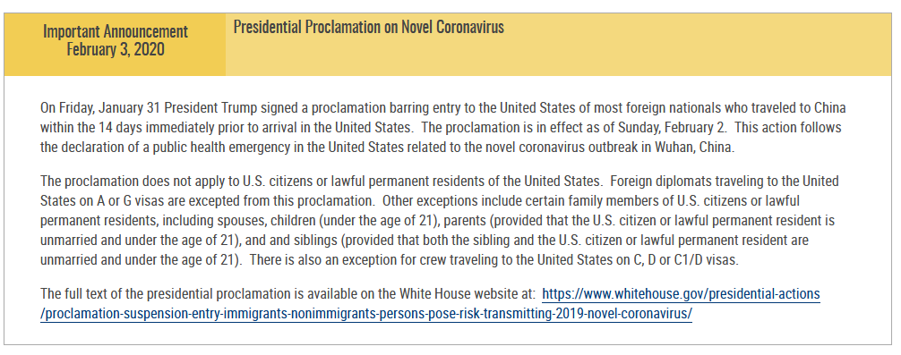 DOS Announcement on Novel Coronavirus
