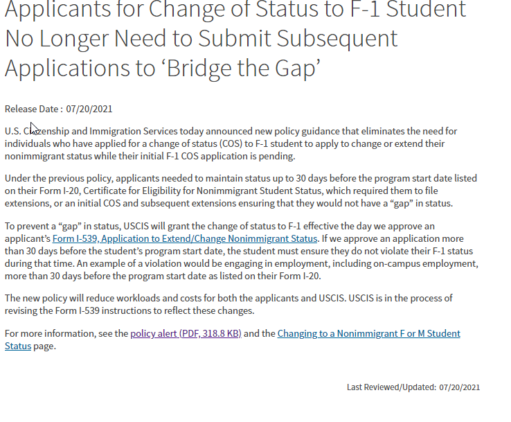 Screenshot of U.S. Citizenship and Immigration Services Press Release
