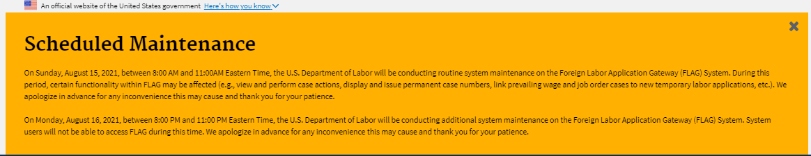 Screenshot of DOL website.