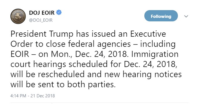 EOIR tweet regarding closure